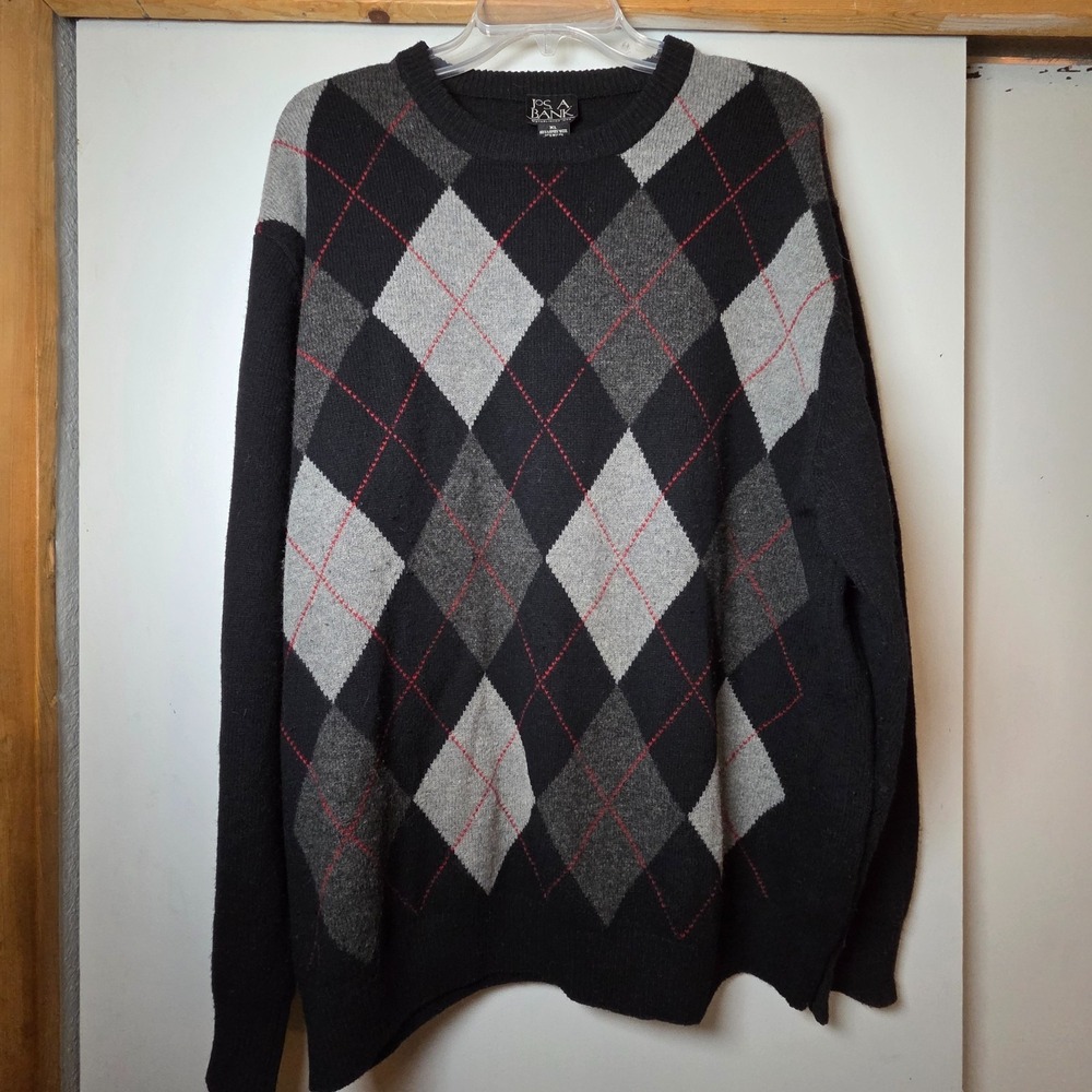 Jos. A. Bank Men's Argyle Sweater Size XL Black Gray Academia Old Money Preppy